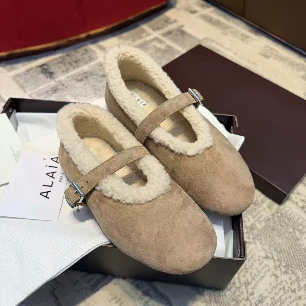 ❄️ ALAÏA Shearling-Lined Suede Mary Jane Flats (Beige) ❄️